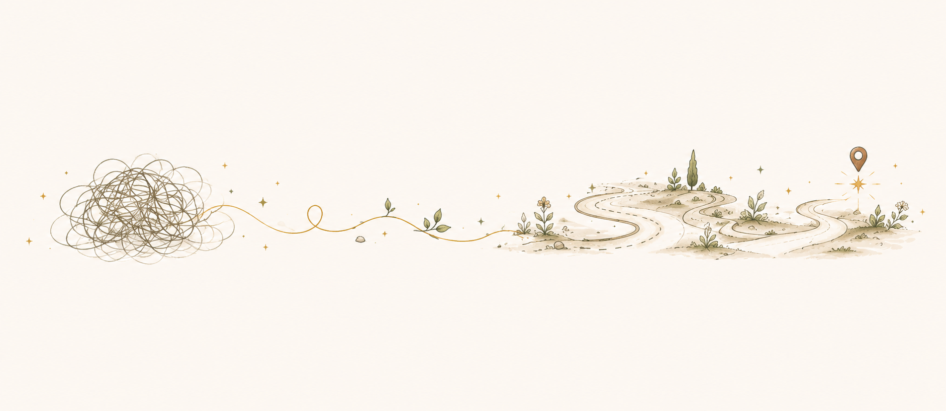 Illustrazione ad acquerello che raffigura un filo inizialmente aggrovigliato che si trasforma in un percorso lineare fino a raggiungere una pianta rigogliosa, simbolo della crescita professionale, della formazione continua e dello sviluppo delle competenze nel campo delle piante officinali.