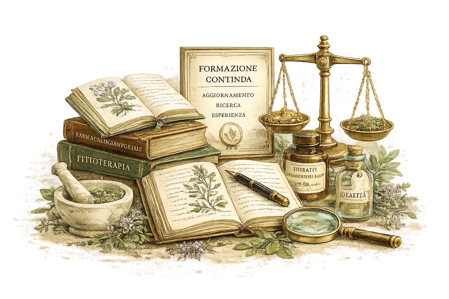 Illustrazione ad acquerello con libri di botanica, strumenti di studio e preparazioni erboristiche, simbolo della qualità, della formazione continua e della competenza scientifica.