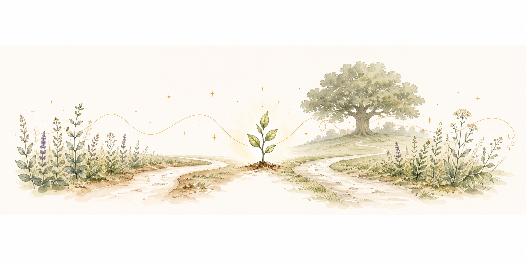 Illustrazione ad acquerello che raffigura due sentieri che convergono verso una giovane pianta e una quercia sullo sfondo, simbolo dell'incontro tra professionista e persona, dell'inizio di un percorso condiviso e della crescita attraverso le piante officinali.