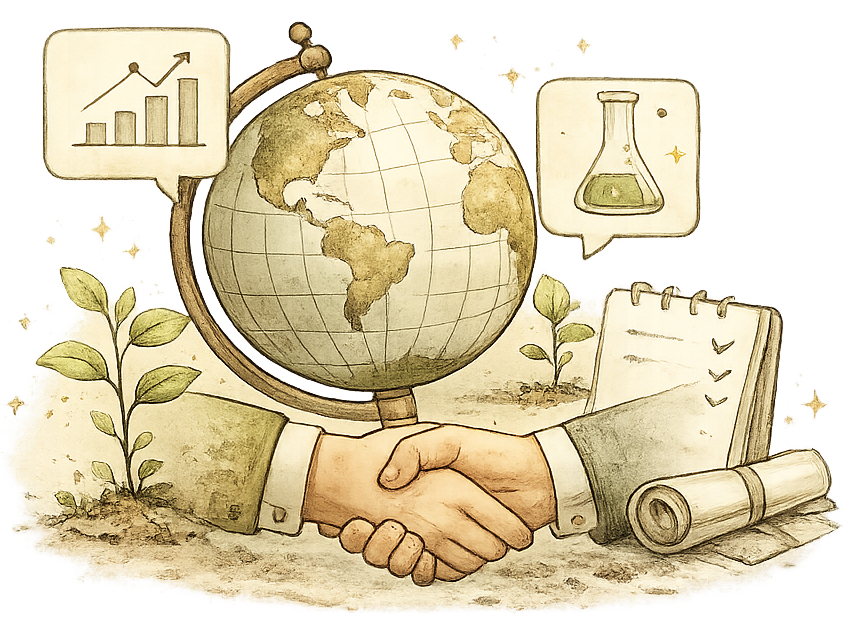 Illustrazione che rappresenta la collaborazione scientifica, la ricerca internazionale e lo sviluppo di progetti dedicati allo studio delle piante officinali e della medicina erboristica.