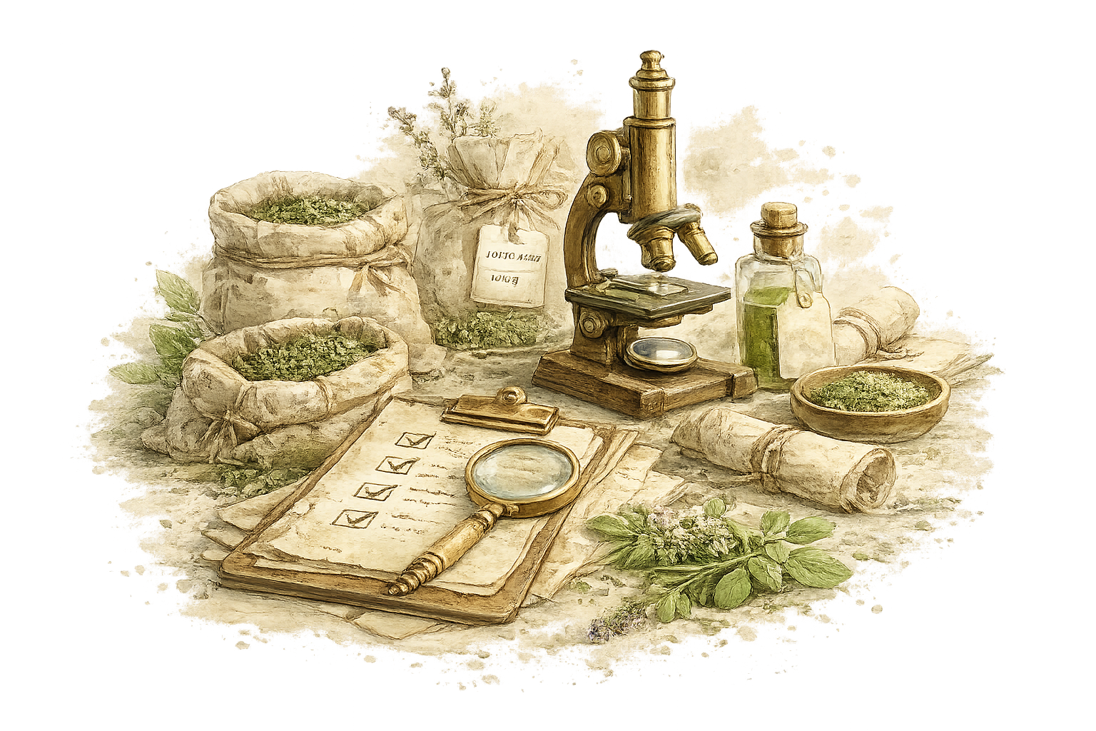 Illustrazione ad acquerello con strumenti di controllo, documentazione e materie prime vegetali, simbolo della gestione ordinata della filiera produttiva.
