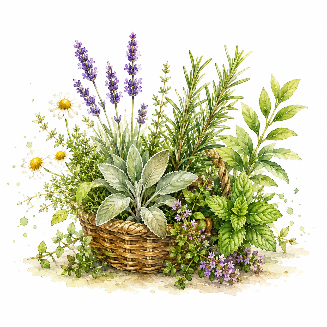 Illustrazione ad acquerello raffigurante una selezione di piante officinali fresche, simbolo della scelta accurata delle materie prime.