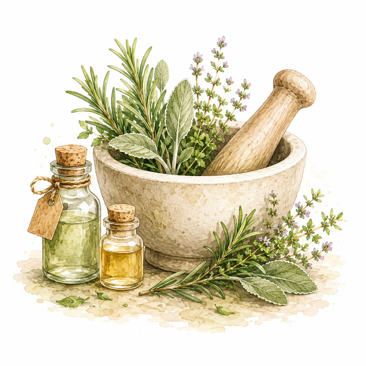 Illustrazione ad acquerello con mortaio, pestello e piante officinali, simbolo della preparazione artigianale degli estratti vegetali.