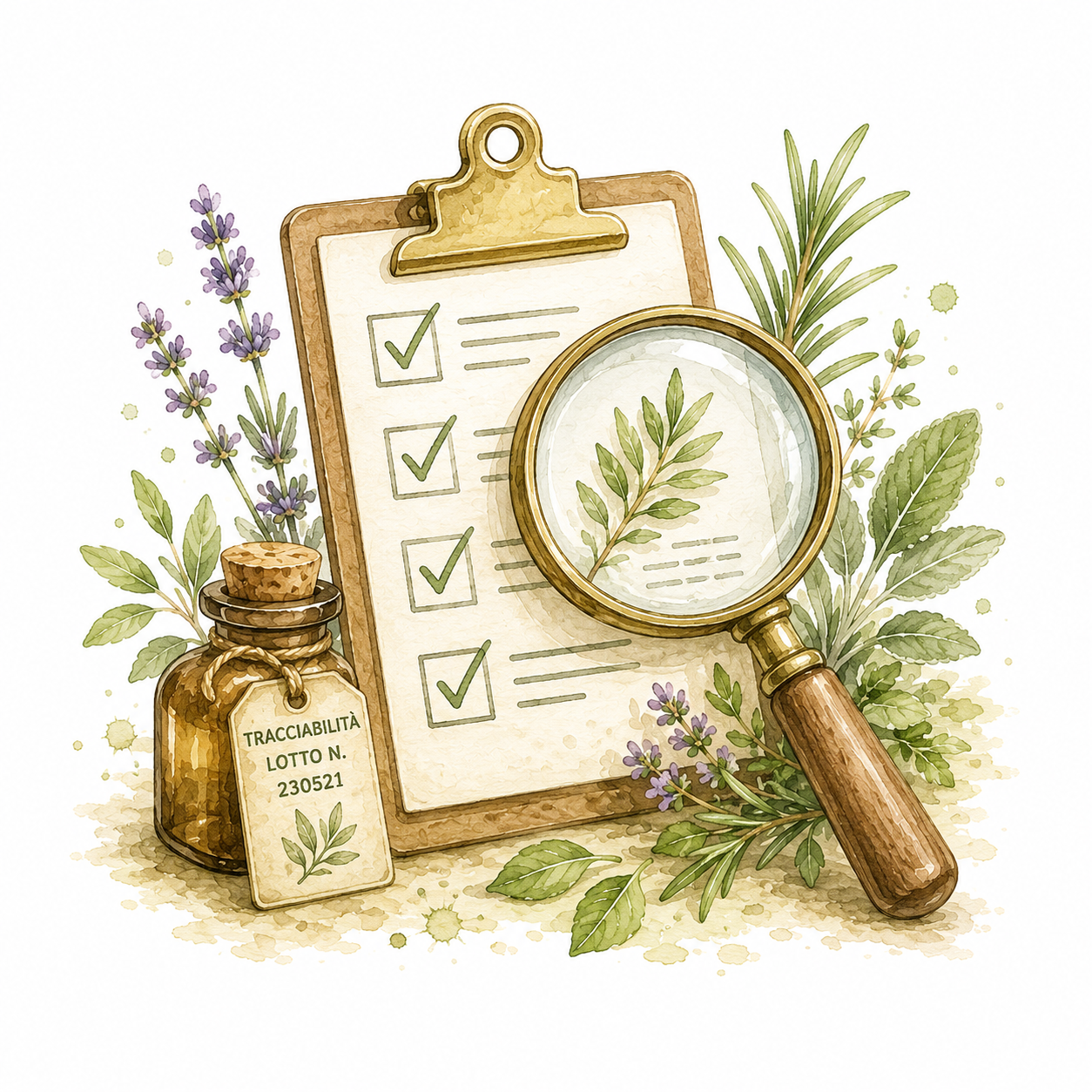 Illustrazione ad acquerello con checklist e lente d'ingrandimento, simbolo del controllo qualità e della tracciabilità delle preparazioni.