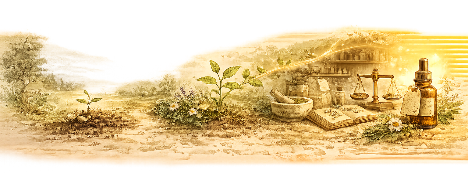 Illustrazione panoramica ad acquerello che rappresenta la trasformazione delle piante officinali in una preparazione erboristica artigianale, simbolo del percorso che unisce natura, studio e laboratorio.