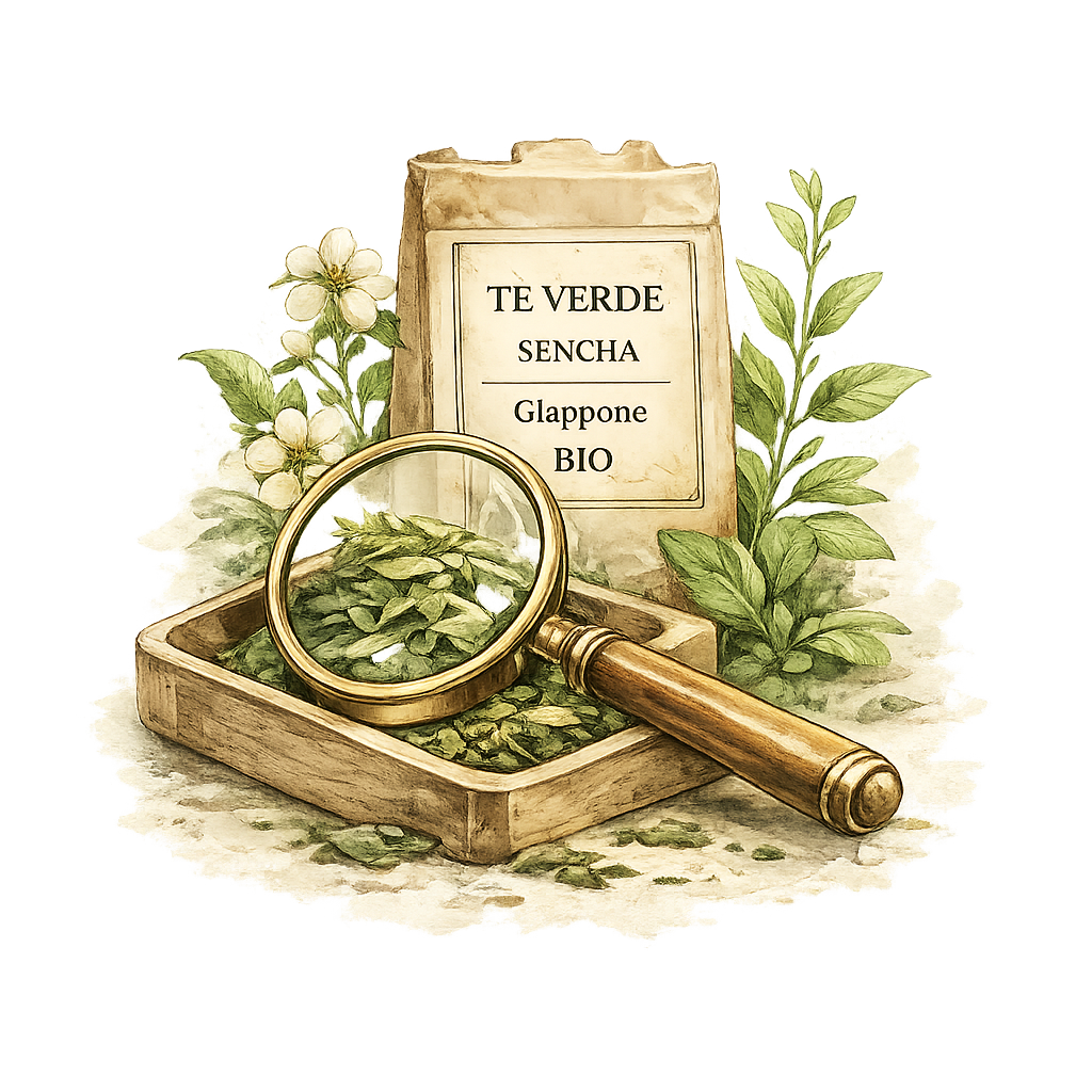 Illustrazione ad acquerello con piante officinali, lente d'ingrandimento e confezione, simbolo della selezione attenta delle materie prime e della qualità dei prodotti.