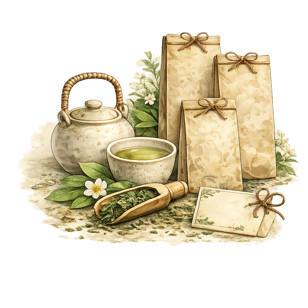 Illustrazione ad acquerello con teiera, tazza di tè verde e confezioni selezionate, simbolo della scelta di proporre pochi prodotti accuratamente selezionati.