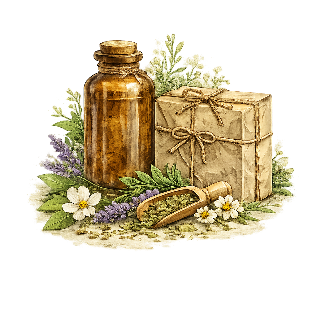Illustrazione ad acquerello con flacone in vetro ambrato, confezione in carta e piante officinali, che rappresenta la preparazione artigianale e la cura dedicata a ogni ordine.